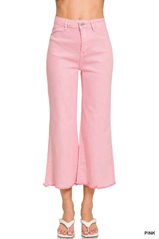 Acid Washed High Waist Frayed Hem Jeans - Pink