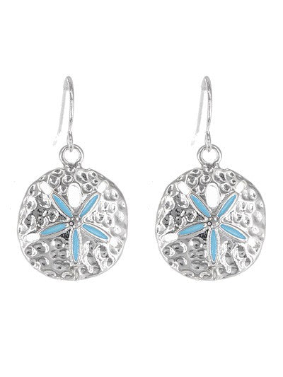 Blue Sand Dollar Hammered Metal Dangle Earrings