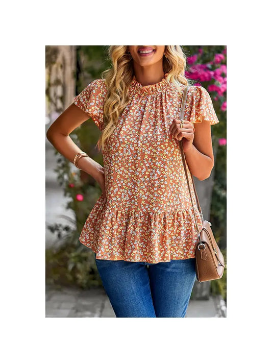 Ditsy Floral Flutter Sleeve Keyhole Top