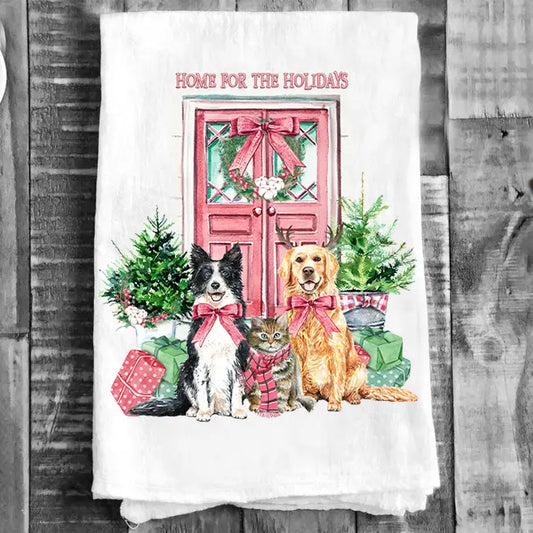 Christmas Home For the Holidays Dogs Flour Sack Tea Towel