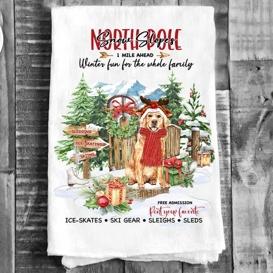 Christmas North Pole Slopes Dog Lover Flour Sack Tea Towel