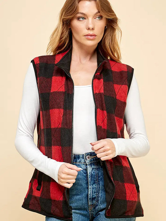 Reversible Plaid Zip Up Pocket Vest