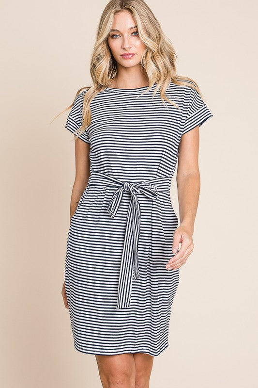 Striped Self-Tie Dress