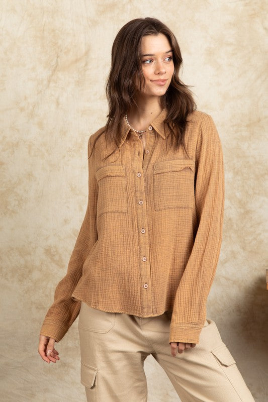 Washed Soft Crinkle Gauze Button Down Shirt