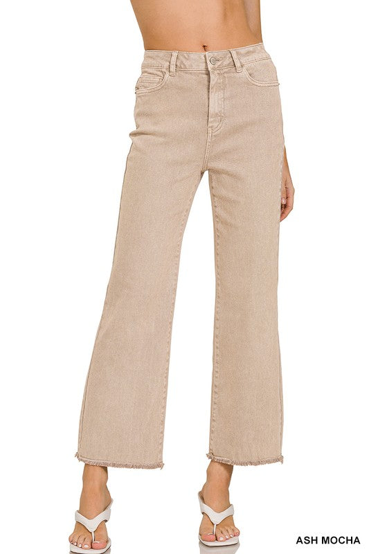 Acid Washed High Waist Frayed Hem Jeans - Ash Mocha